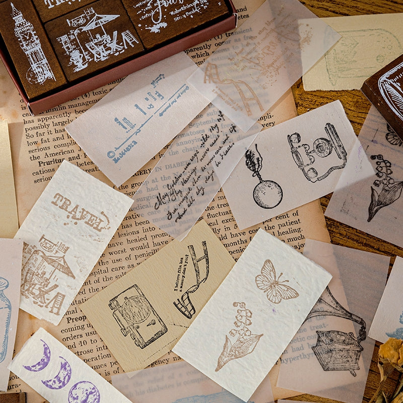 Vintage Wooden Stamp Set- Travel, Antiques, Moon, Bottle, Lace, Leaves, Words b-