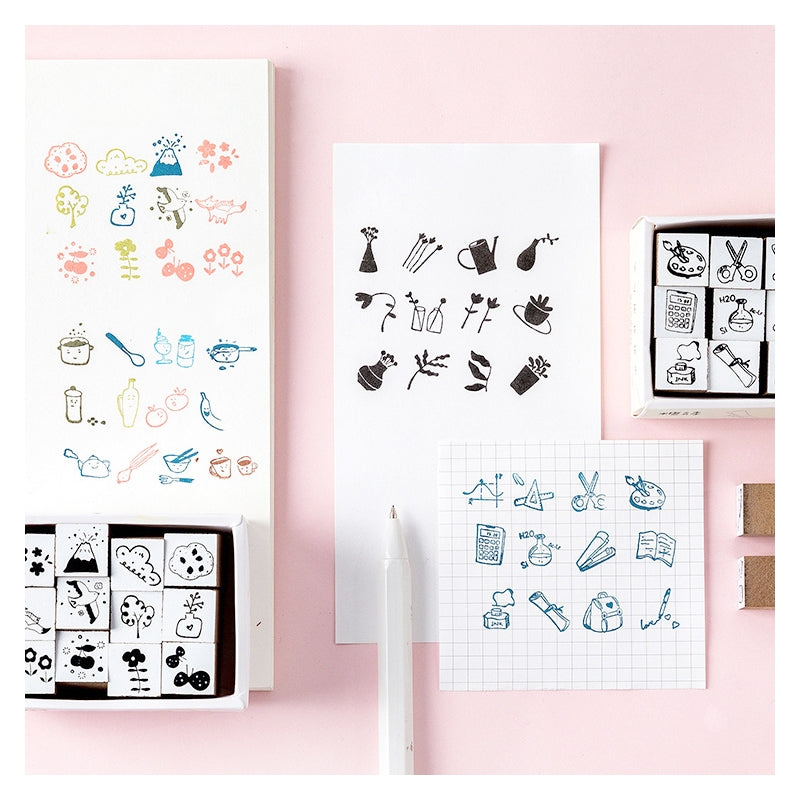 Wooden Rubber Stamp Set (12 Pieces) - Eating, Studying, Spring Outing, Flower Vase b2