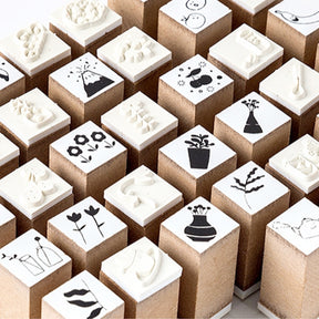 Wooden Rubber Stamp Set (12 Pieces) - Eating, Studying, Spring Outing, Flower Vase b5