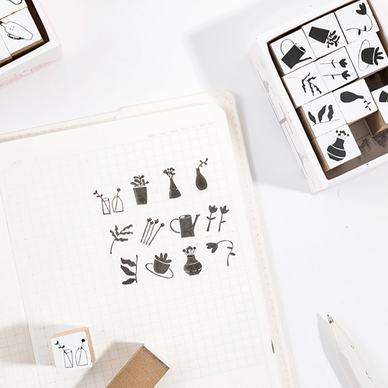 Wooden Rubber Stamp Set (12 Pieces) - Eating, Studying, Spring Outing, Flower Vase b6