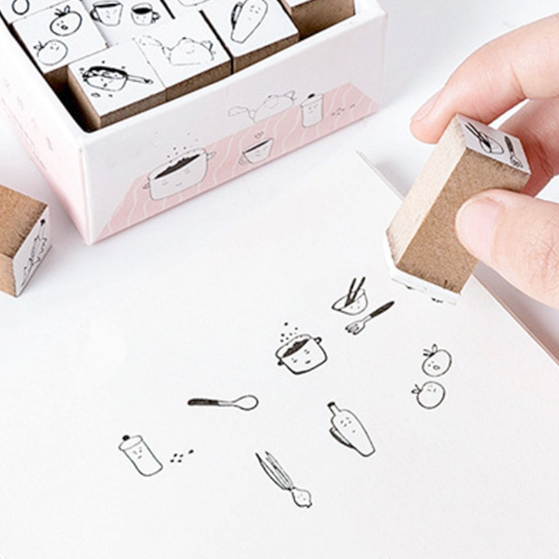 Wooden Rubber Stamp Set (12 Pieces) - Eating, Studying, Spring Outing, Flower Vase b7
