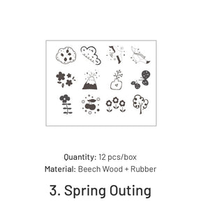 Wooden Rubber Stamp Set (12 Pieces) - Eating, Studying, Spring Outing, Flower Vase sku-3