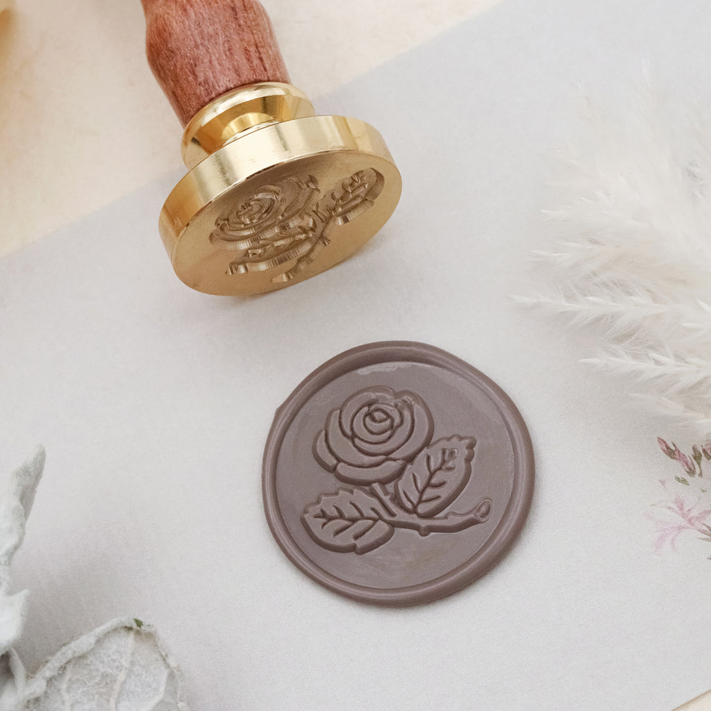 Rose Stem Custom Wax Seal Duogram Stamp with Burgundy Wood Handle-Multiple  Font Choices with Preview #7011