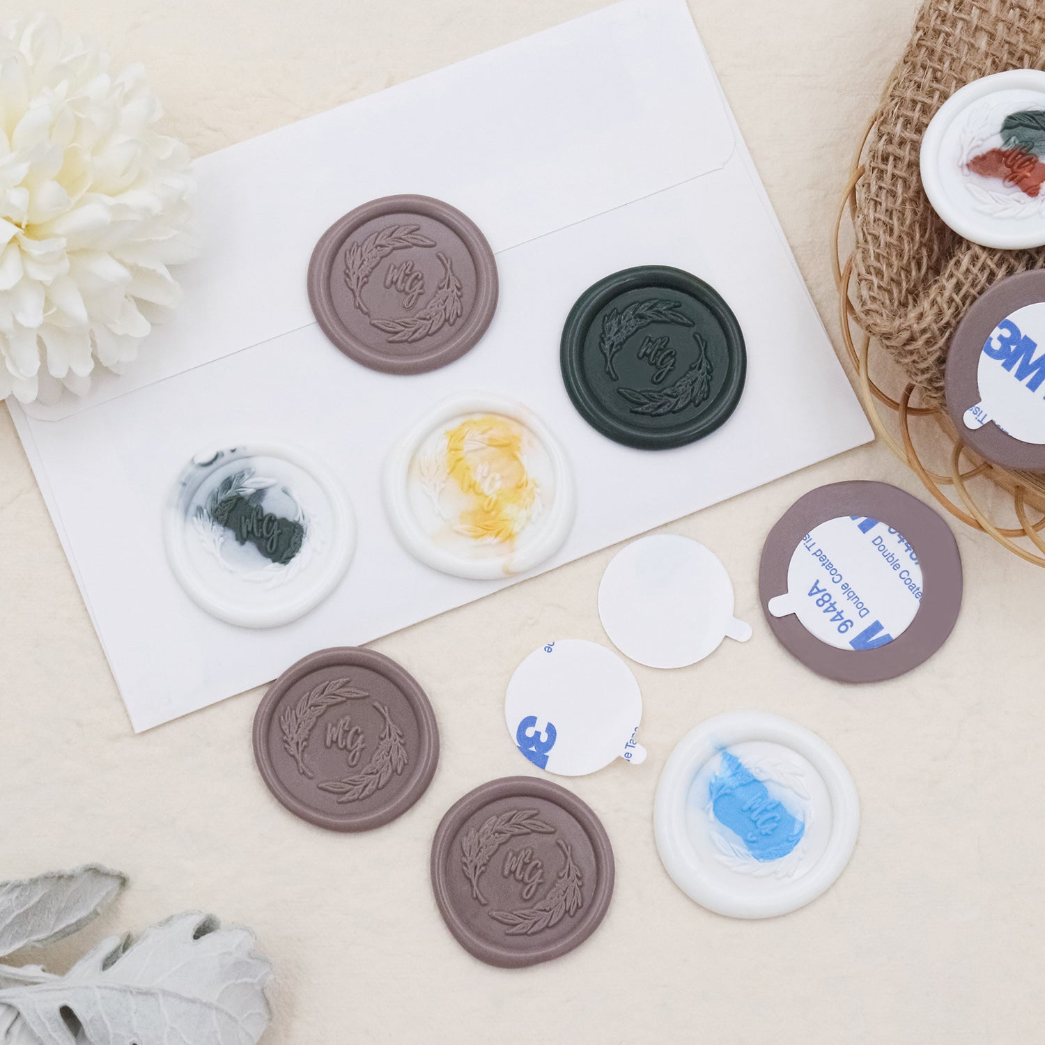 Leafy Circle Double Initials Wedding Custom Self-Adhesive Wax Seal Stickers