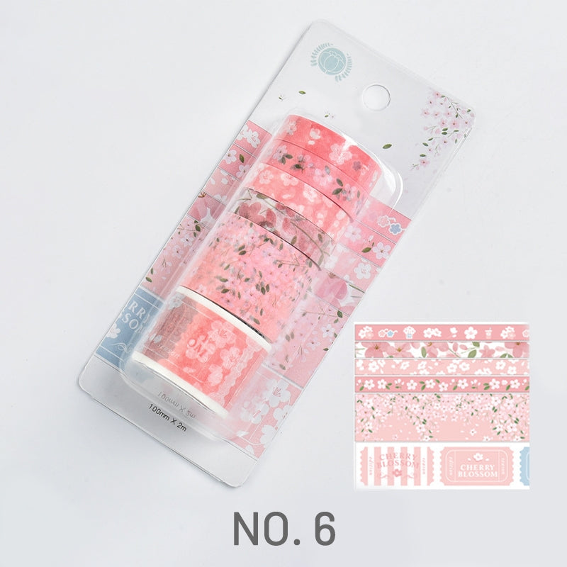 Pink-Floral Print Washi Tape Set - Travel, Peach, Sky, Star, Flower