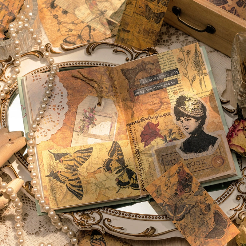 Vintage Coffee Stained Scrapbook Paper - Butterfly, Flower, Plant, Fairy Tale, Newspaper, Music, Manuscript, Bill2
