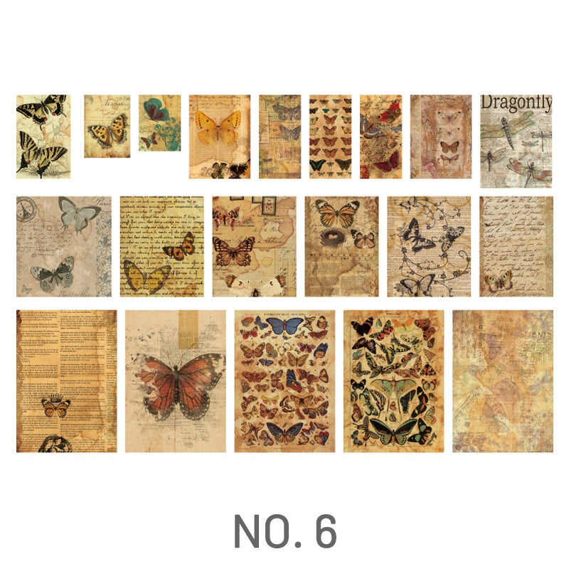 Butterfly-Vintage Coffee Stained Scrapbook Paper - Butterfly, Flower, Plant, Fairy Tale, Newspaper, Music, Manuscript, Bill