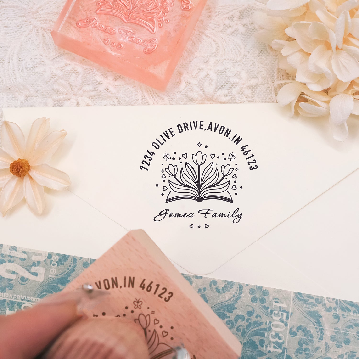 Custom Rubber Stamp True Love Flowers Wedding Return Address Stamp