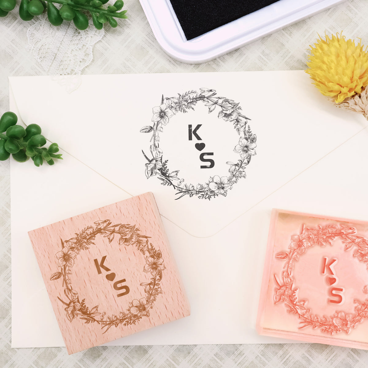Custom Botanical Wedding Monogram Rubber Stamp -SKU10 1
