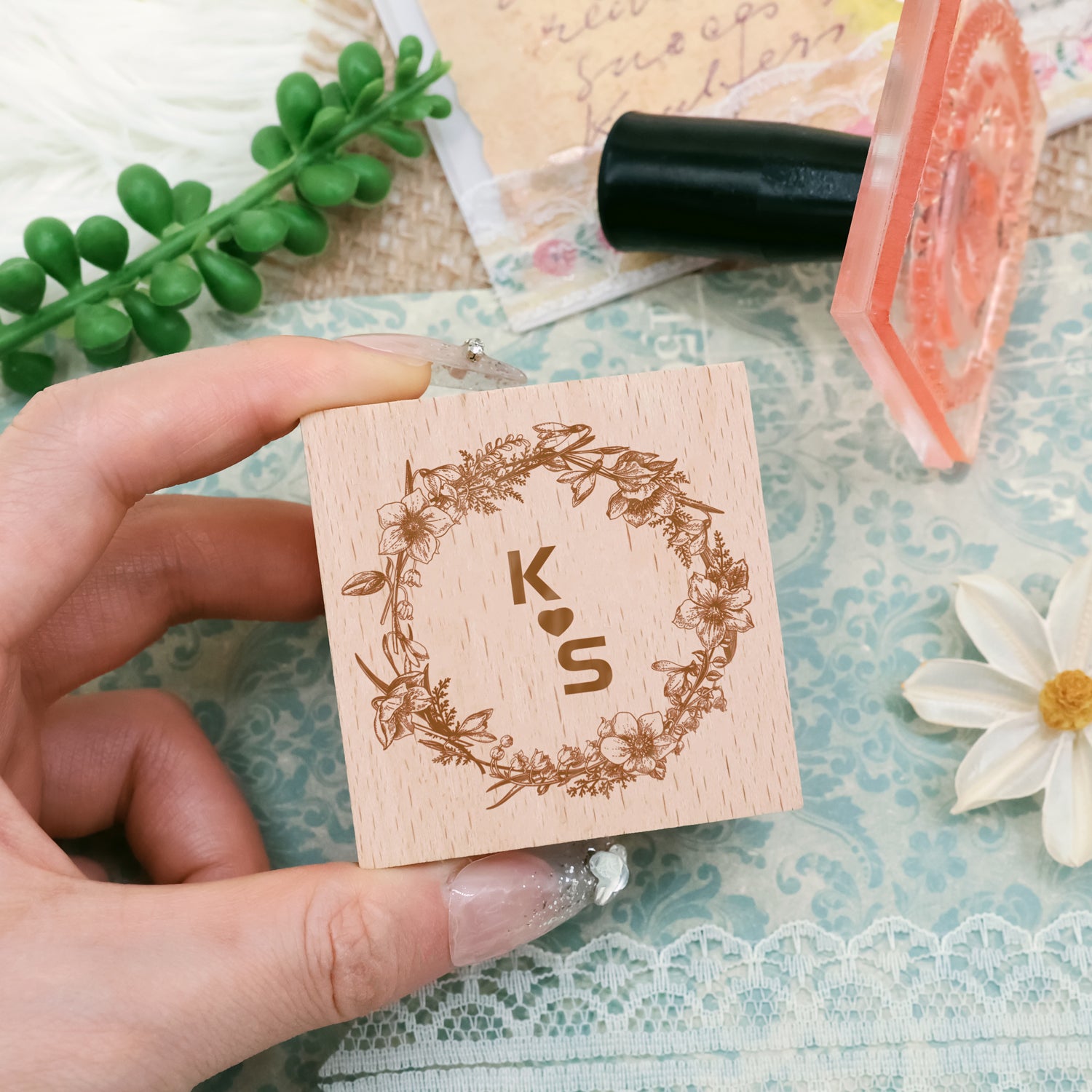 Custom Botanical Wedding Monogram Rubber Stamp -SKU10 2