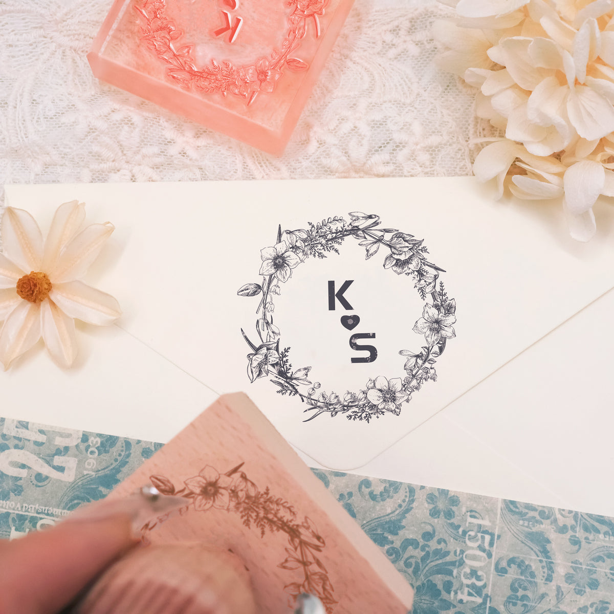 Custom Botanical Wedding Monogram Rubber Stamp -SKU10 3