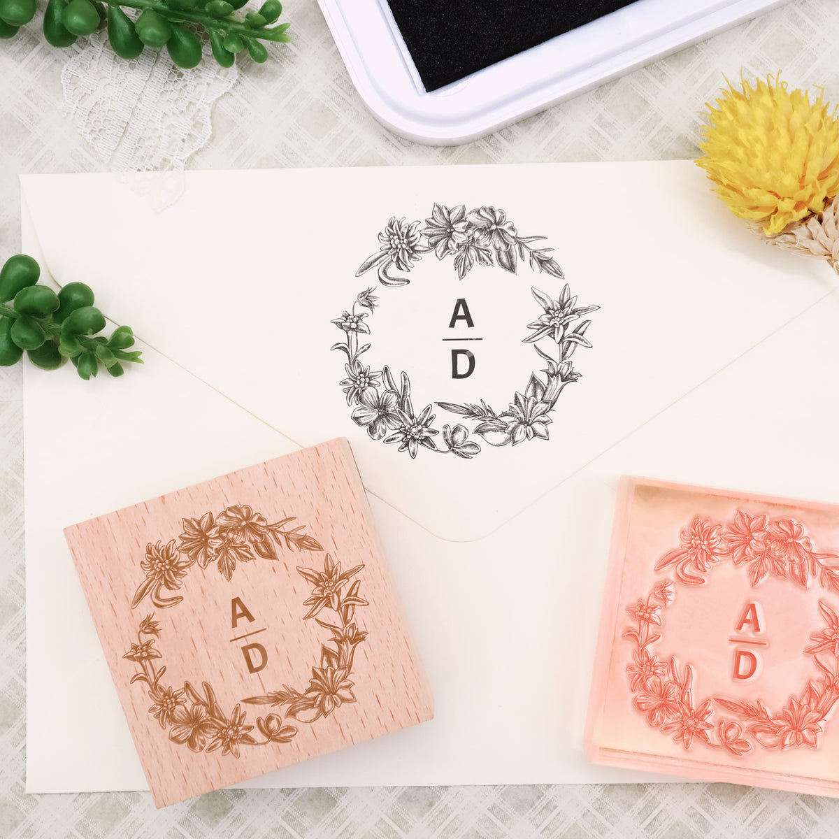Custom Botanical Wedding Monogram Rubber Stamp -SKU15 1