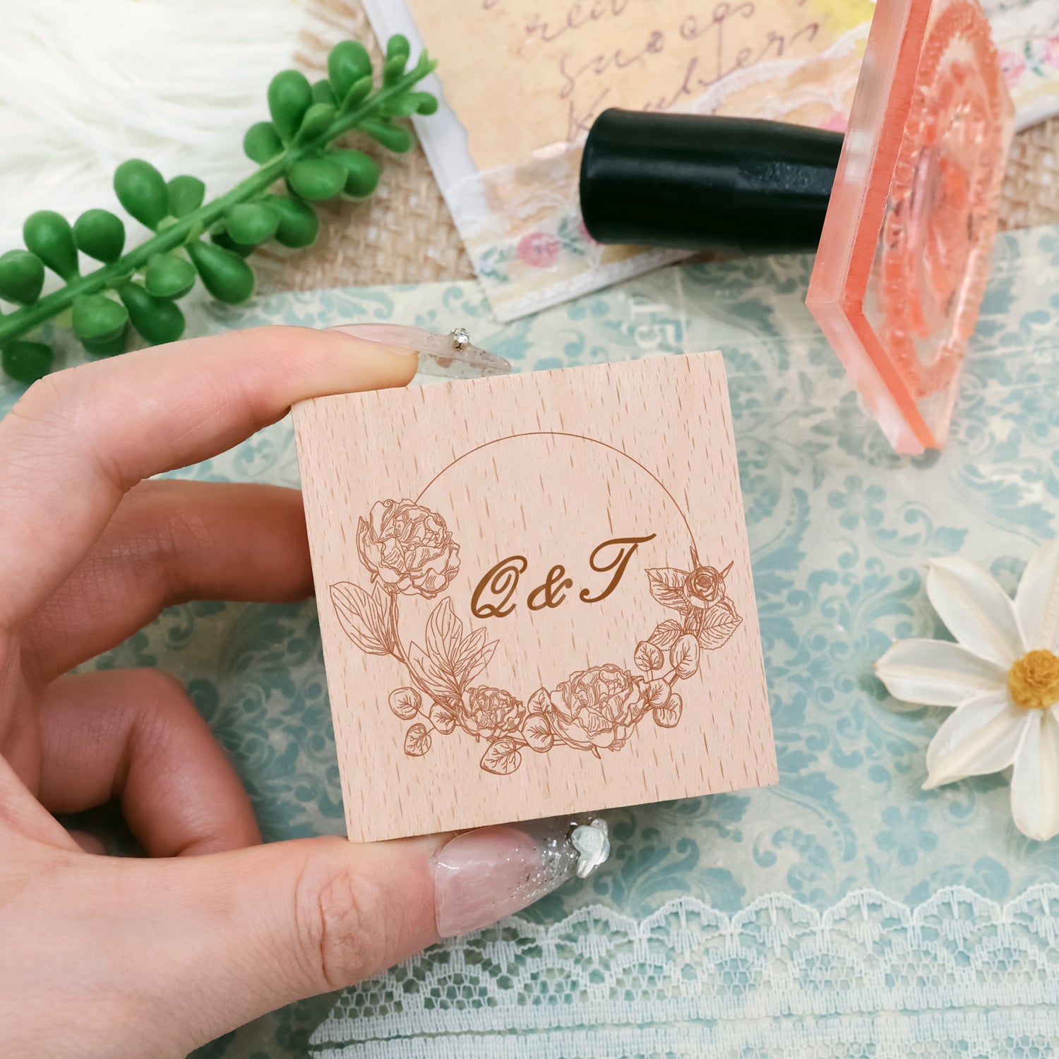 Custom Botanical Wedding Monogram Rubber Stamp -SKU16 1