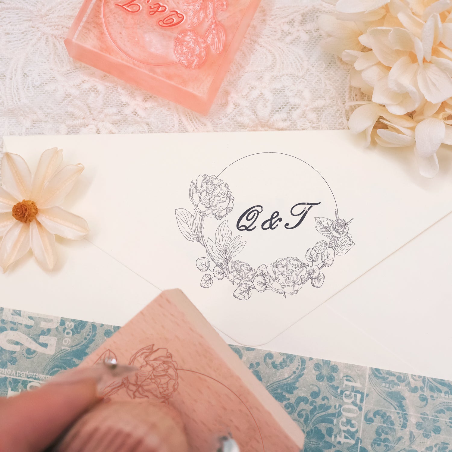 Custom Botanical Wedding Monogram Rubber Stamp -SKU16 2