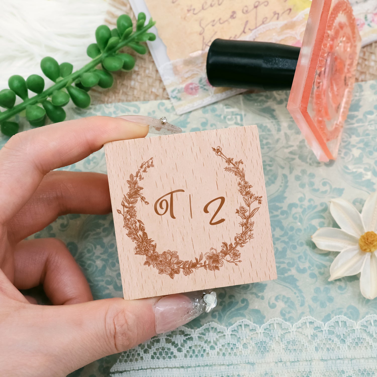 Custom Botanical Wedding Monogram Rubber Stamp -SKU18 2