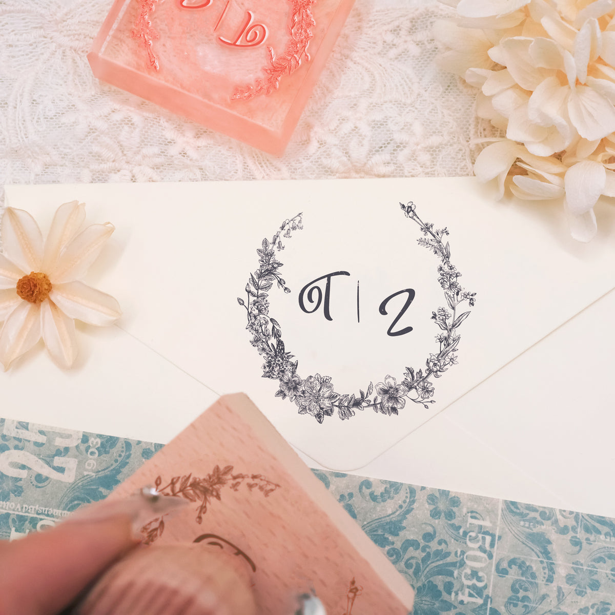 Custom Botanical Wedding Monogram Rubber Stamp -SKU18 3