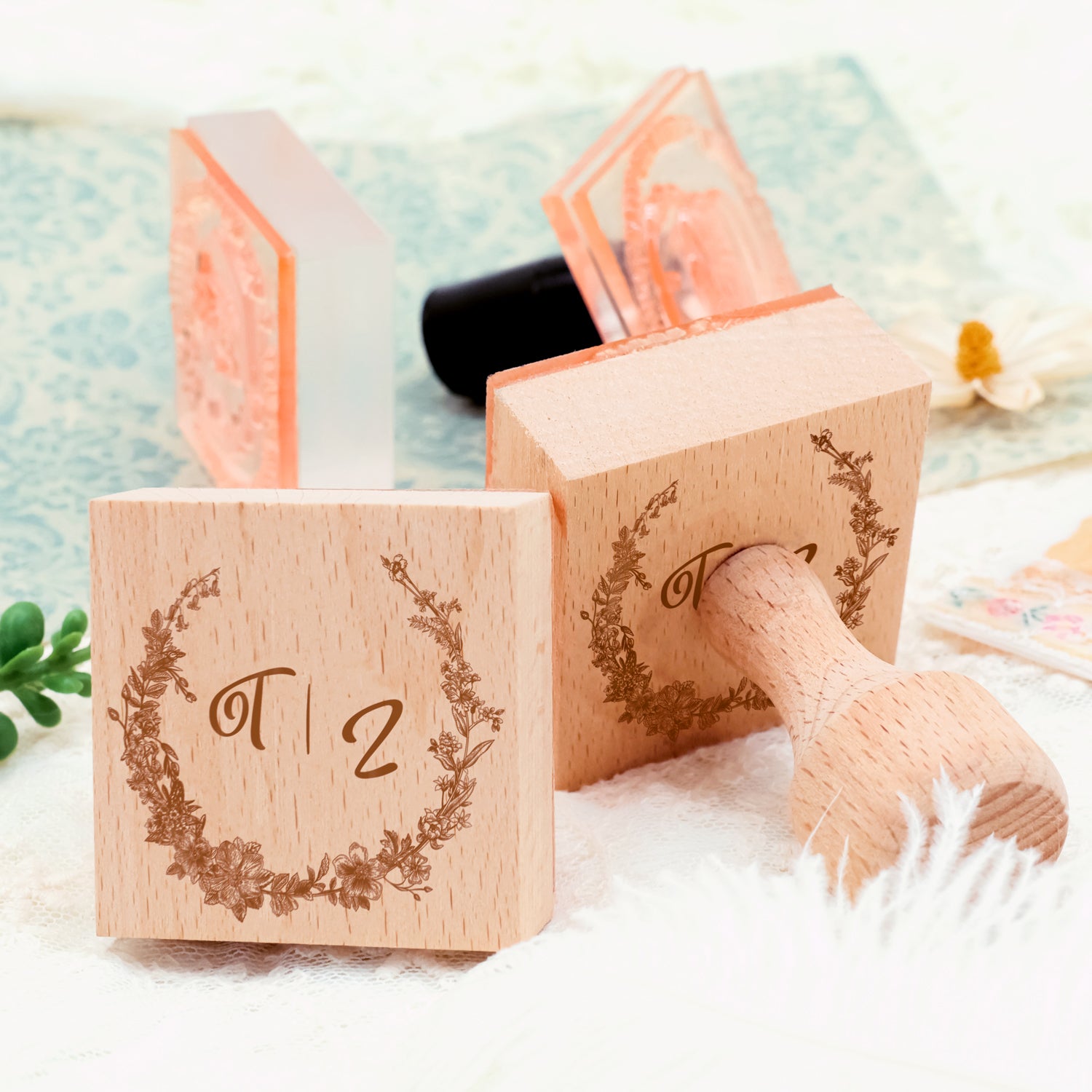 Custom Botanical Wedding Monogram Rubber Stamp -SKU18 4