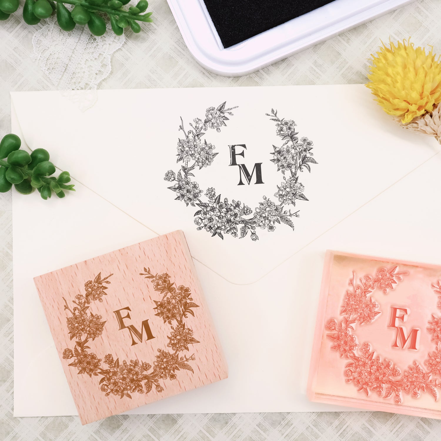 Custom Botanical Wedding Monogram Rubber Stamp -SKU3 1