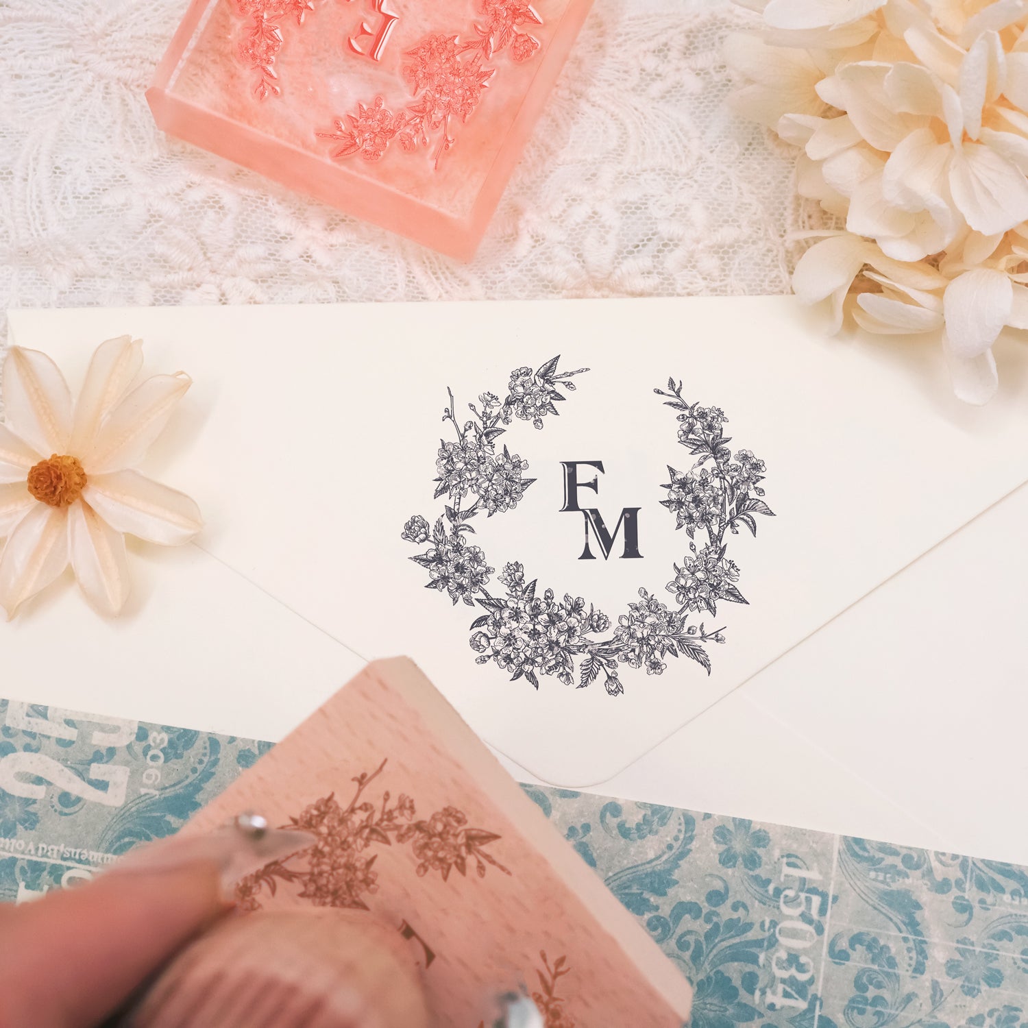 Custom Botanical Wedding Monogram Rubber Stamp -SKU3 3