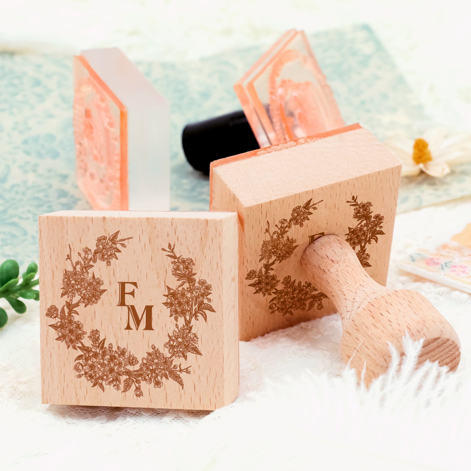 Custom Botanical Wedding Monogram Rubber Stamp -SKU3 4