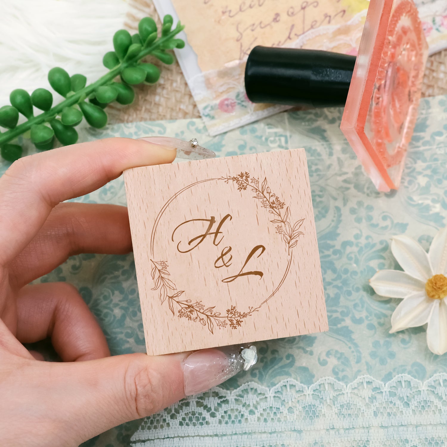 Custom Botanical Wedding Monogram Rubber Stamp -SKU4 4