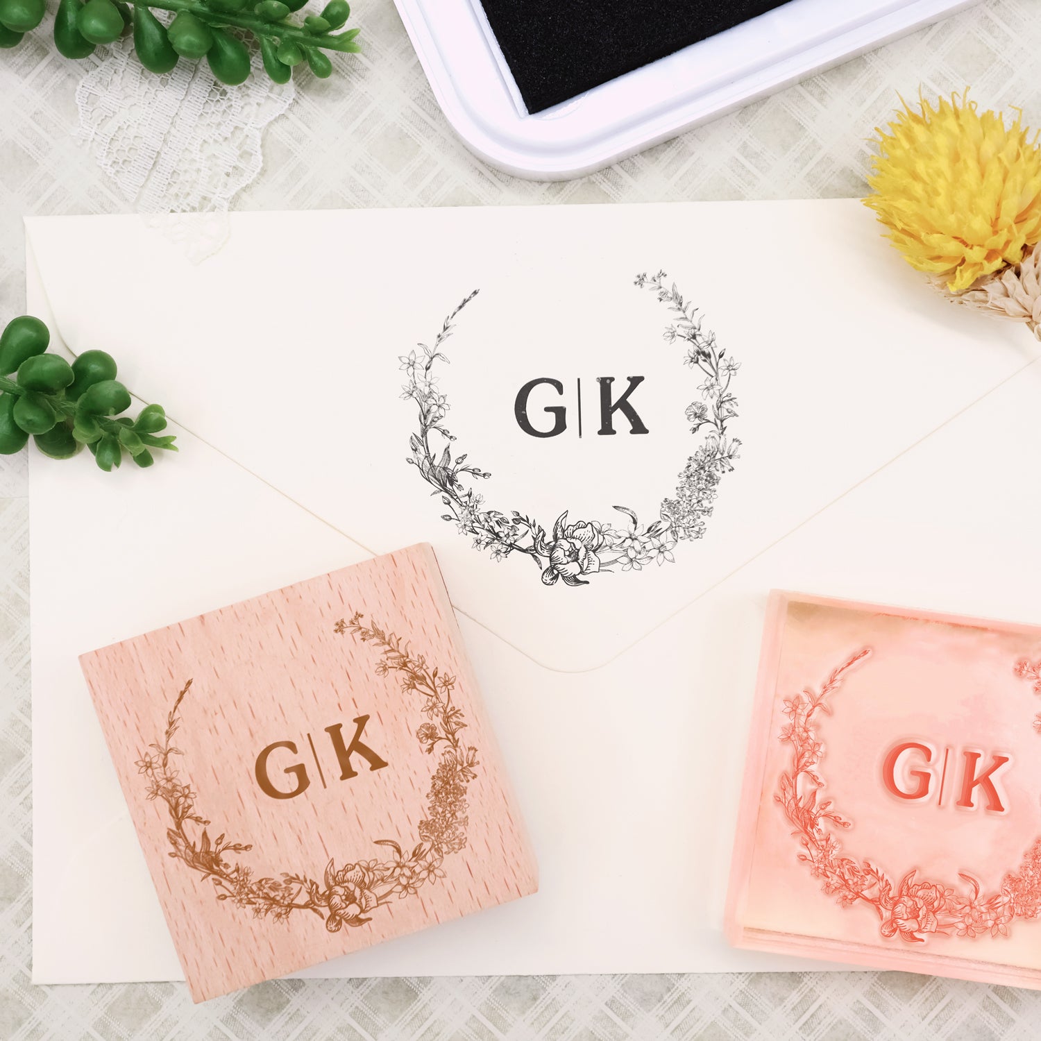 Custom Botanical Wedding Monogram Rubber Stamp -SKU6 1