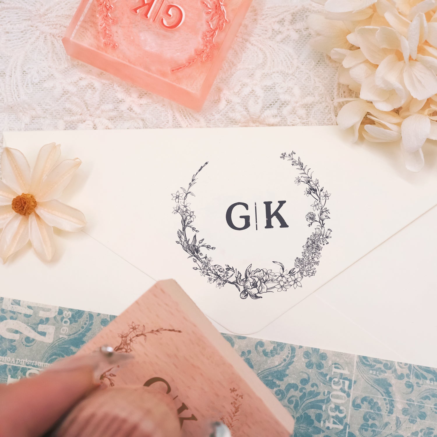 Custom Botanical Wedding Monogram Rubber Stamp -SKU6 3