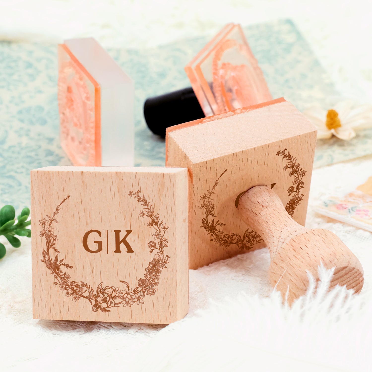 Custom Botanical Wedding Monogram Rubber Stamp -SKU6 4