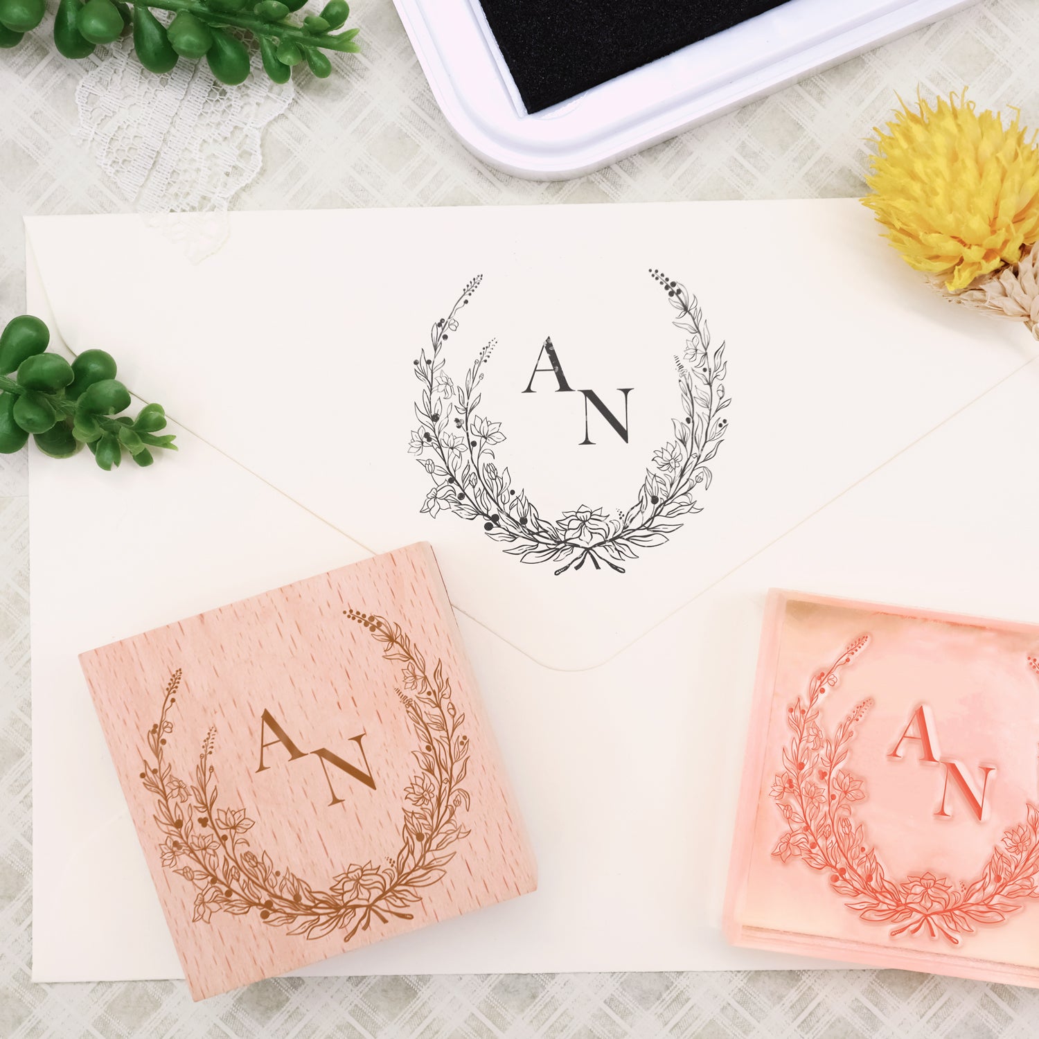 Custom Botanical Wedding Monogram Rubber Stamp -SKU7 1