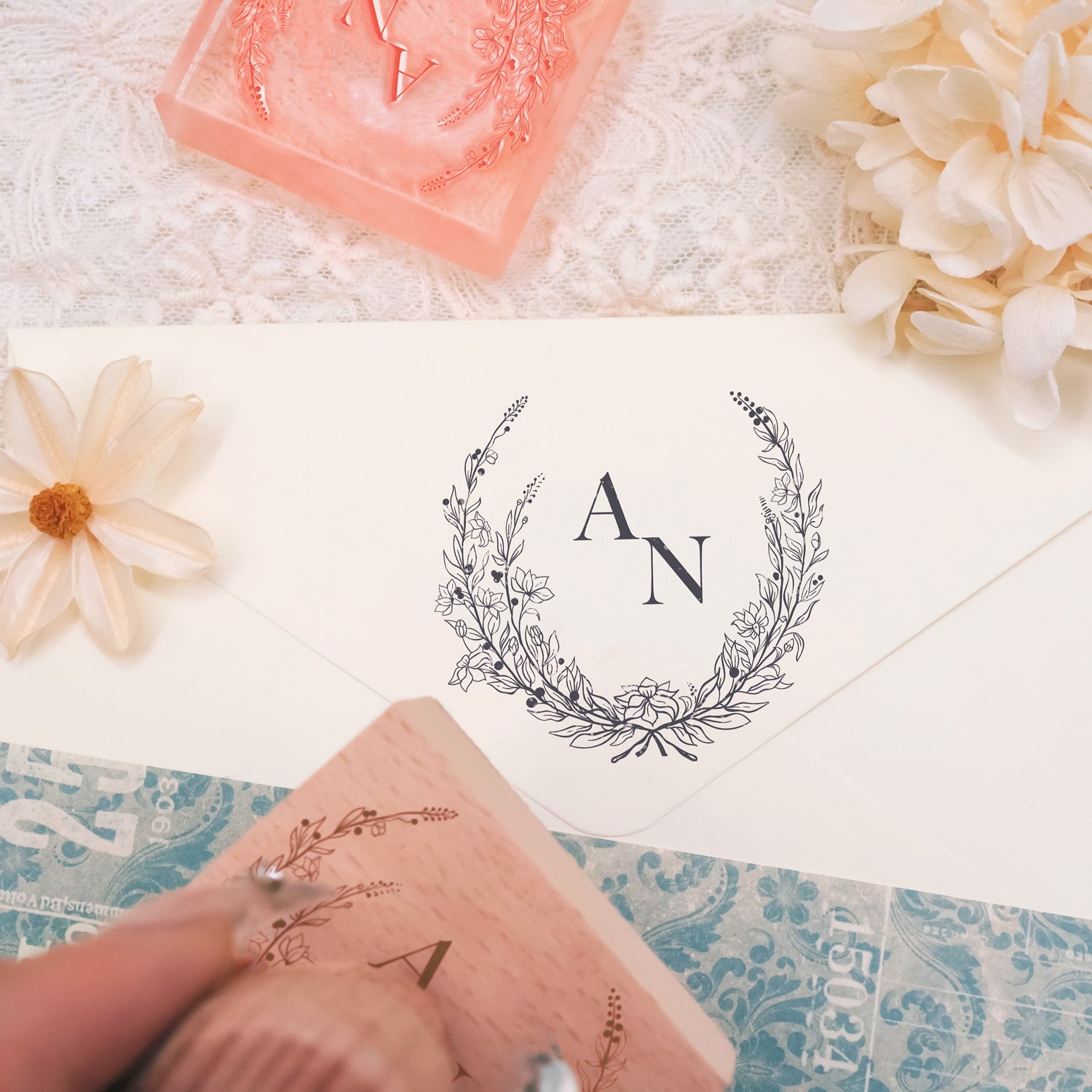 Custom Botanical Wedding Monogram Rubber Stamp -SKU7 3