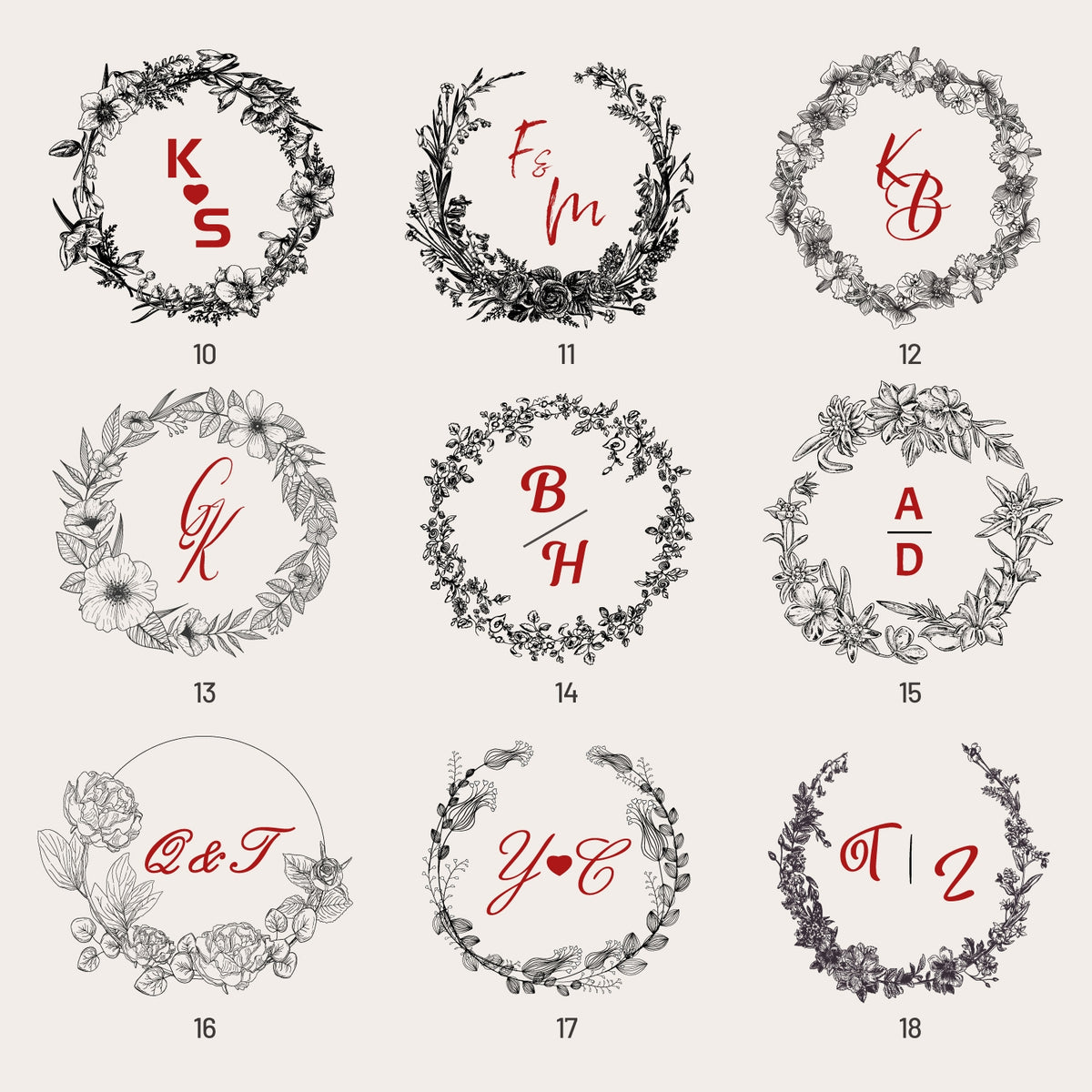 Custom Botanical Wedding Monogram Rubber Stamp (18 Designs) sku2