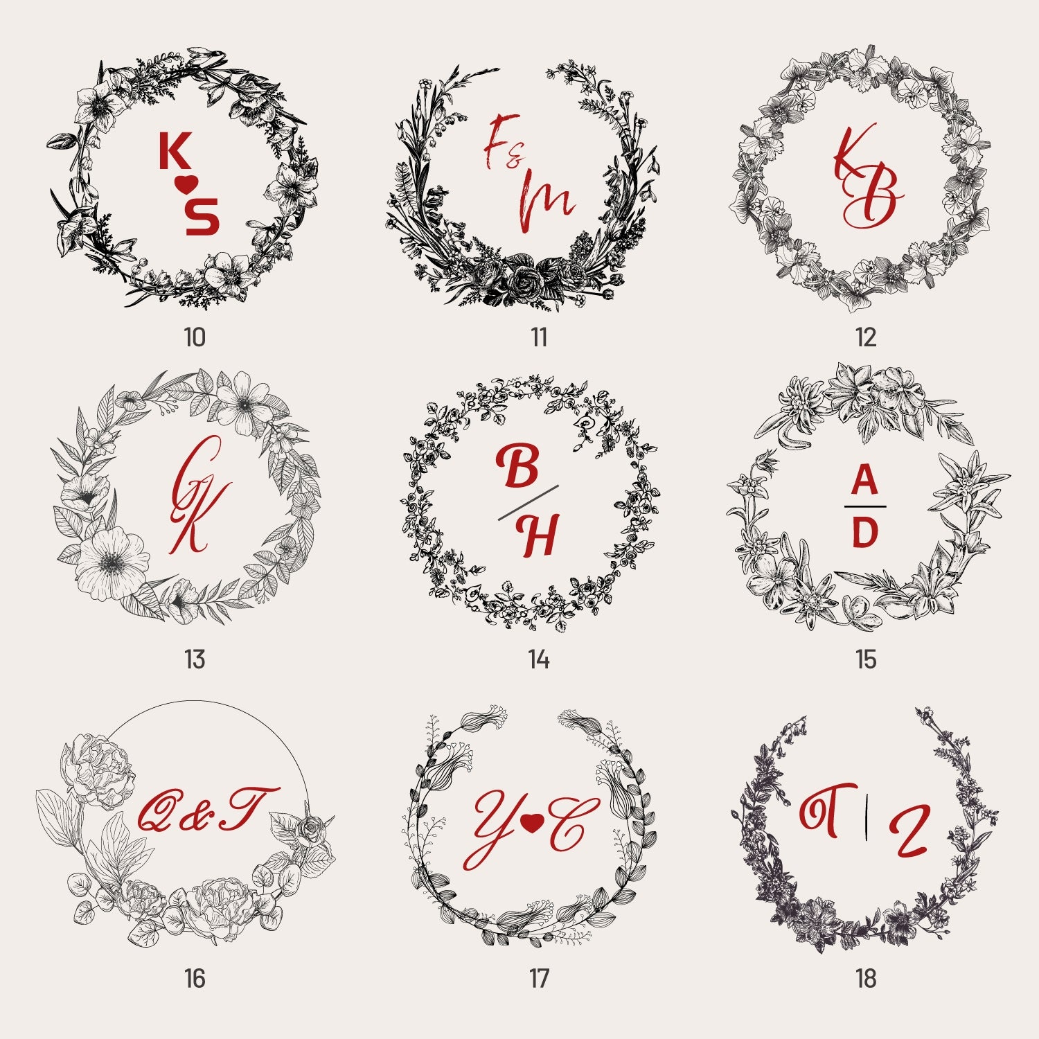 Custom Botanical Wedding Monogram Rubber Stamp (18 Designs)  sku2