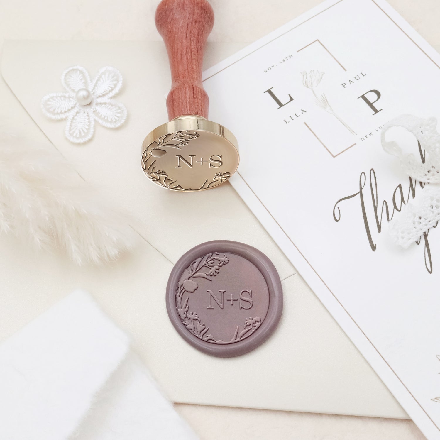 Simple Plant Circle Wedding Custom Wax Seal Stamp with Double Initials -  Wedding Invitation