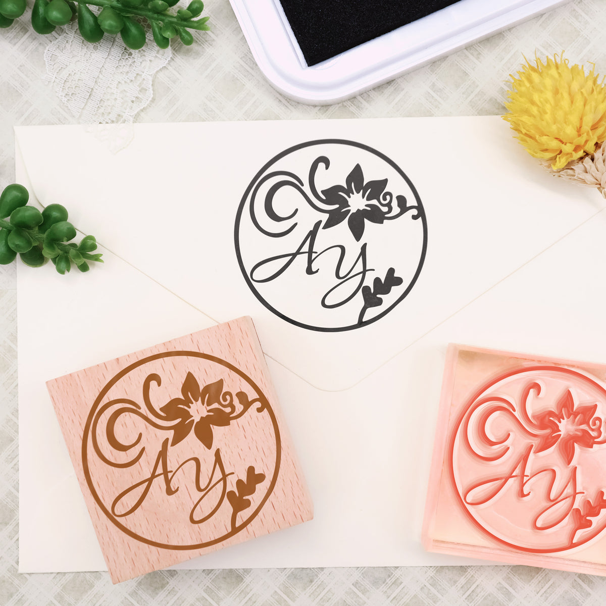 Custom Rubber Stamp, Monogram Stamp, Hand Drawn Floral Design, DIY Wed –  SayaBell Stamps