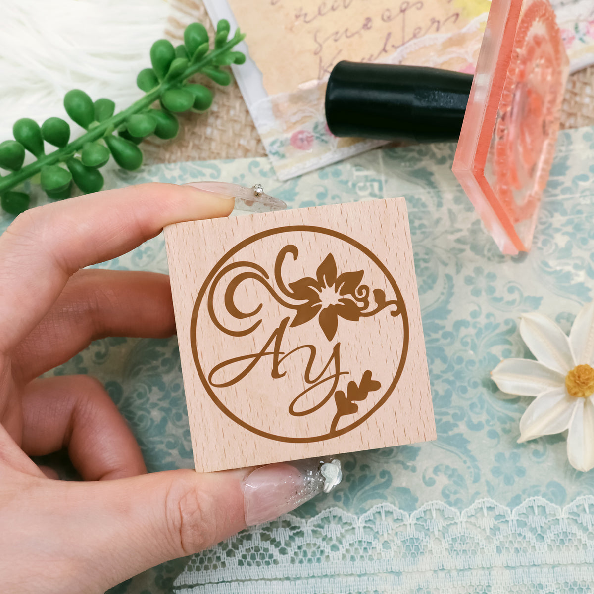 Custom Rubber Stamp, Monogram Stamp, Hand Drawn Floral Design, DIY Wed –  SayaBell Stamps