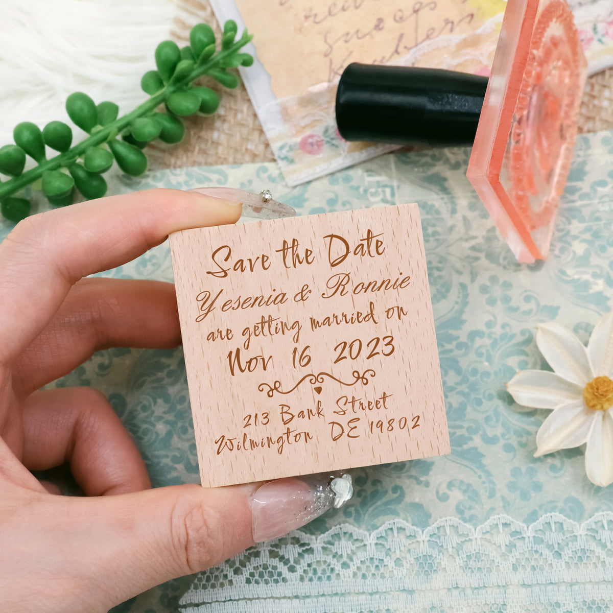 Custom Pure Text Handwriting Font Wedding Save the Date Rubber Stamp3