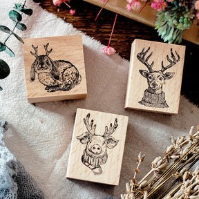 Cute Animals with Antler Wooden Rubber Stamp a2