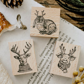 Cute Animals with Antler Wooden Rubber Stamp a