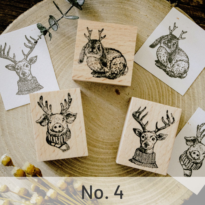Cute Animals with Antler Wooden Rubber Stamp sku-4