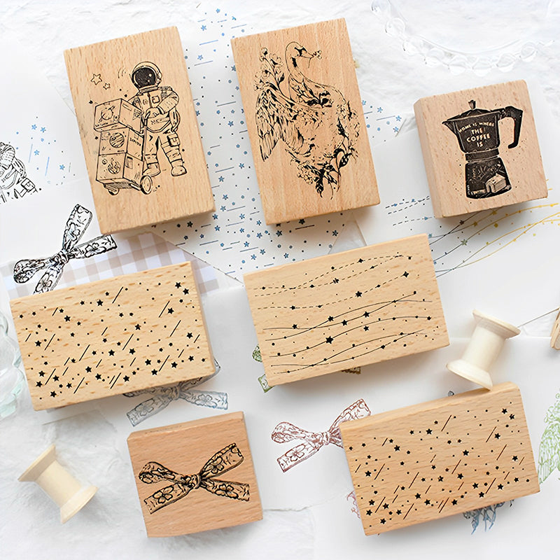 Cute Coffee Bowknot Astronaut Wooden Rubber Stamp a