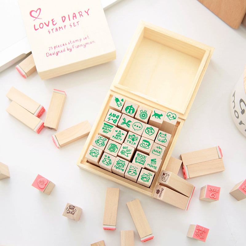 Cute Mini Cartoon Boxed Wooden Rubber Stamp Set b1