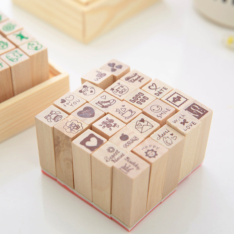 Cute Mini Cartoon Boxed Wooden Rubber Stamp Set b2