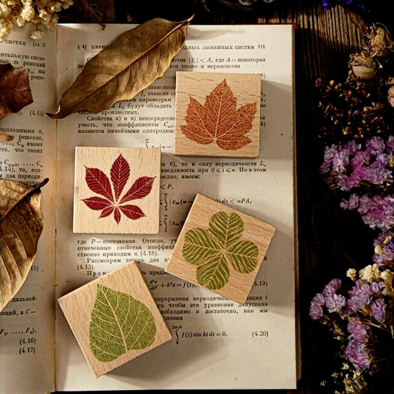 Simple Leaf Wooden Rubber Stamp Maple Leaf Ginkgo Leaf Four Leaf Clover b1