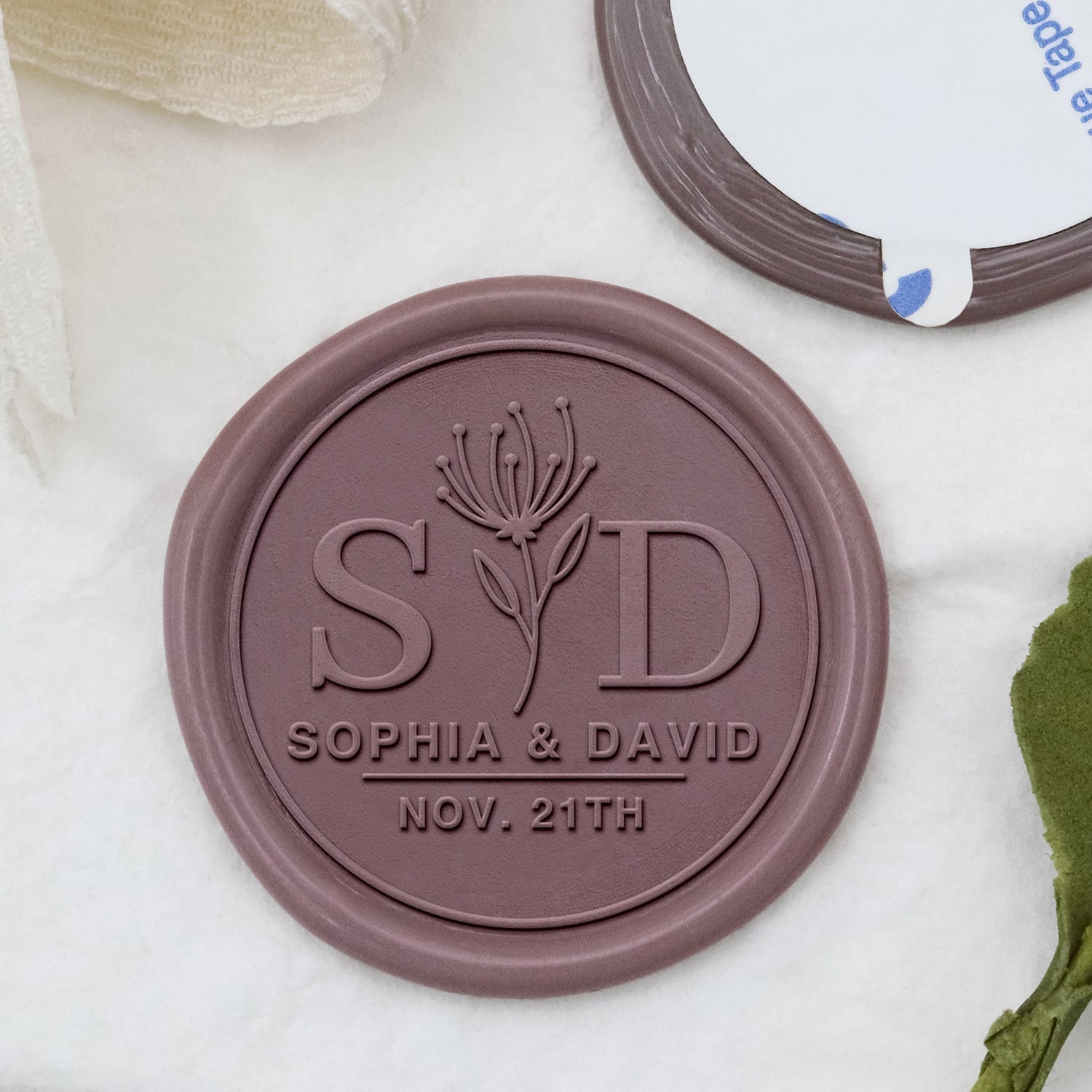 Stamprints Custom Flower Whiskers Wedding Name and Date Wax Seal Stickers 1