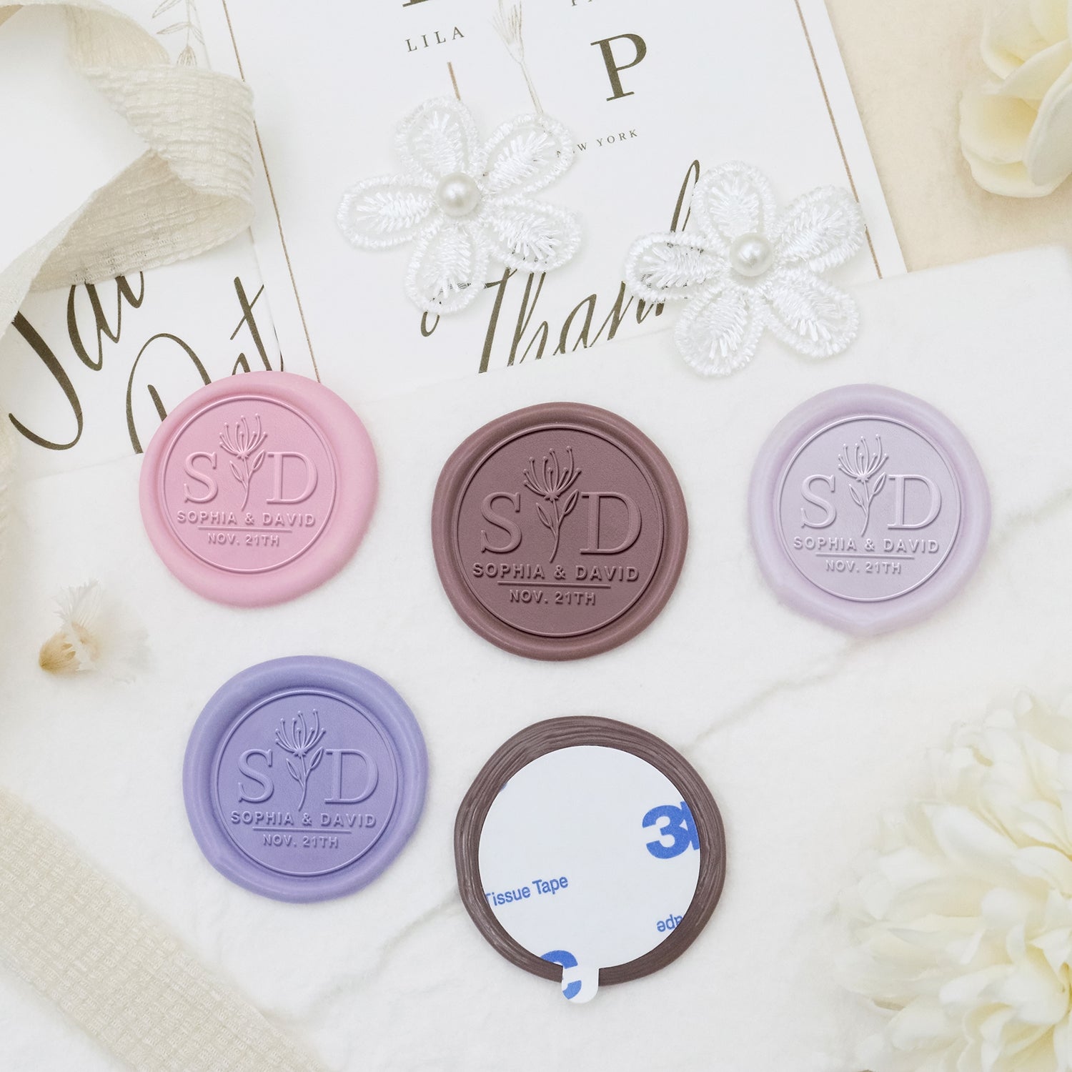 Stamprints Custom Flower Whiskers Wedding Name and Date Wax Seal Stickers 3