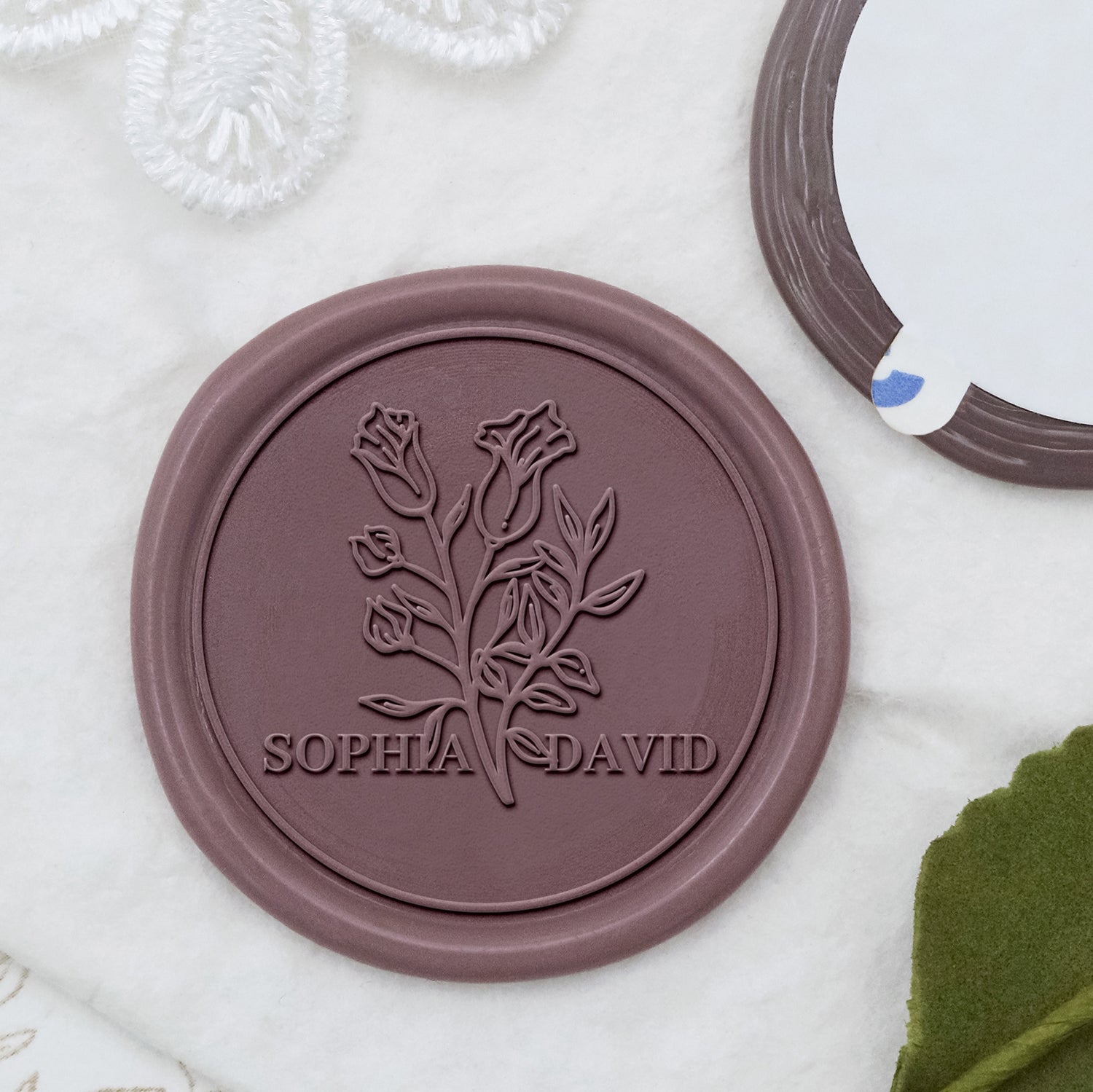 Stamprints Custom Lily of the Valley Wedding Name and Date Wax Seal Stickers 1