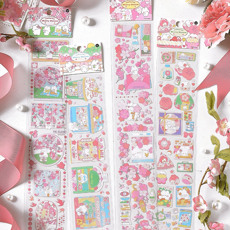 Cherry Blossom Sakura and Rabbit Long Strip PET Sticker