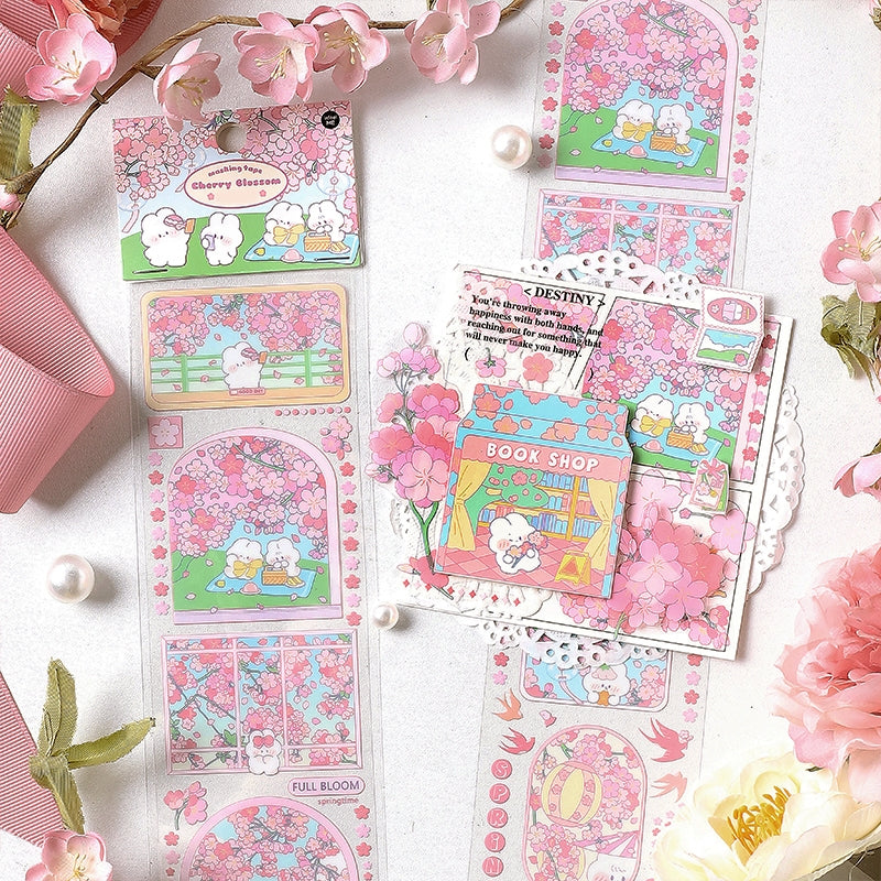 Cherry Blossom Sakura and Rabbit Long Strip PET Sticker1