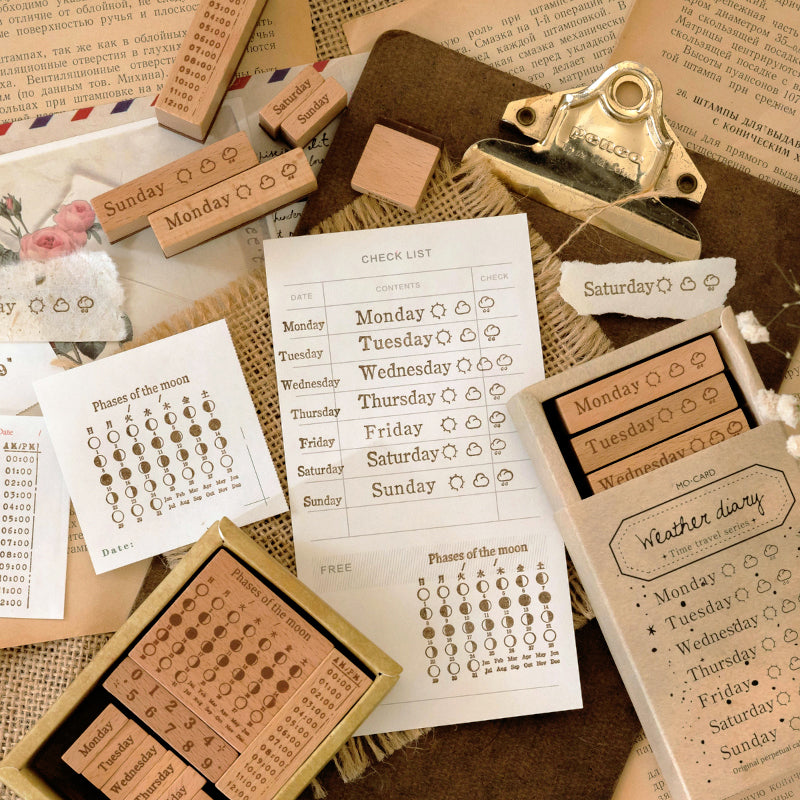 Time Travel Vintage Perpetual Calendar Wooden Rubber Stamp Set a