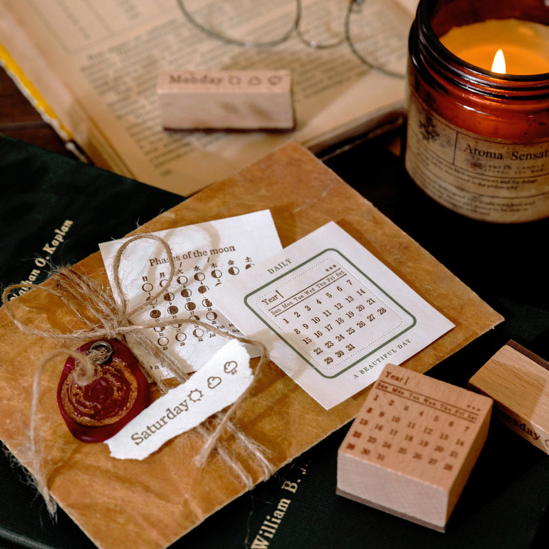 Time Travel Vintage Perpetual Calendar Wooden Rubber Stamp Set b4